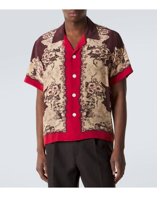 Bode Red Printed Silk Bowling Shirt for men