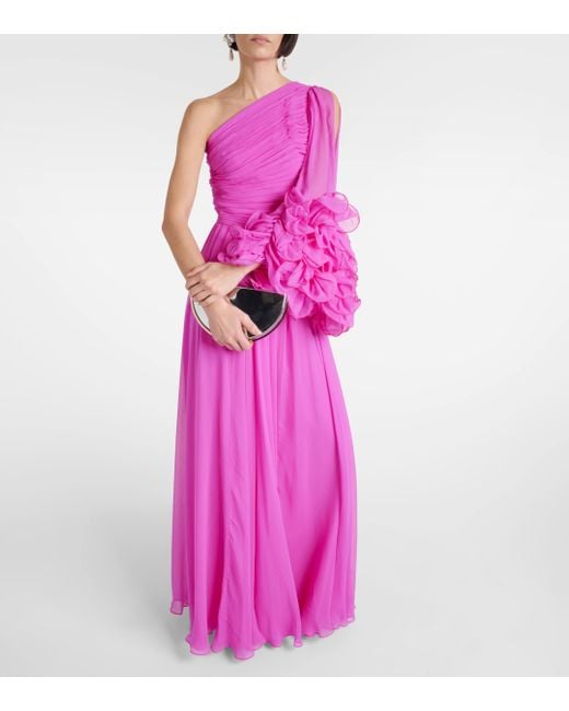 Robe longue asymetrique en soie Costarellos en coloris Pink