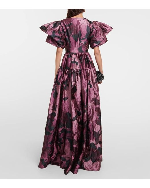Erdem Purple Evelyn Floral-print Tiered Crinkled-satin Gown