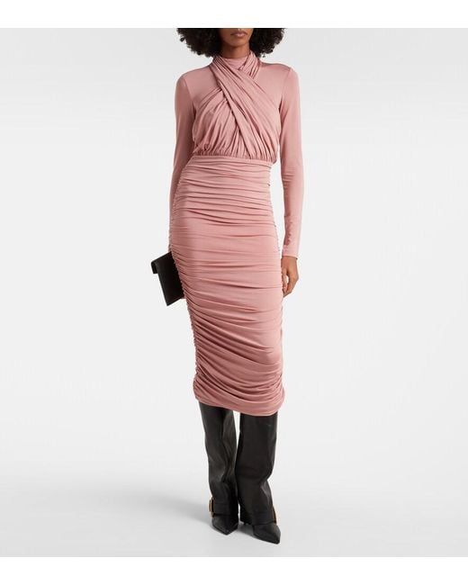 Balmain Pink Ruched Jersey Midi Dress