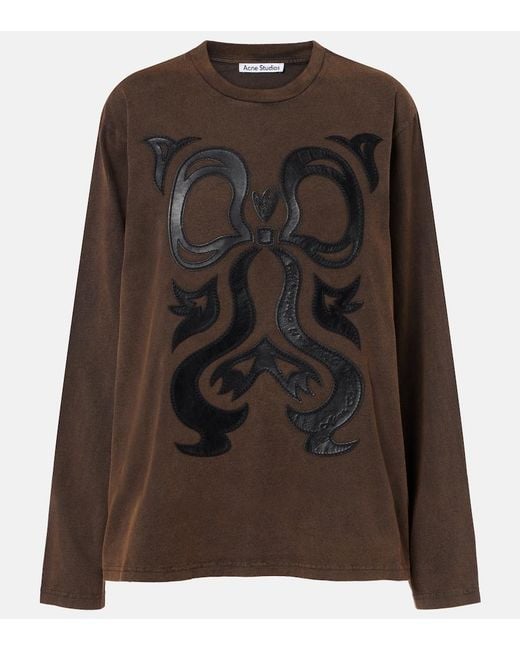 Acne Brown Edden Embroidered Leather-Trimmed Cotton Jersey T-Shirt
