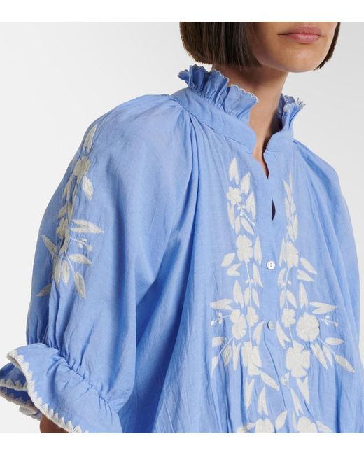Juliet Dunn Blue Embroidered Cotton Chambray Minidress