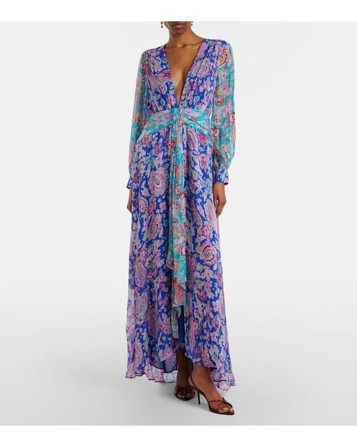Rixo Blue Meera Floral Gathered Chiffon Maxi Dress