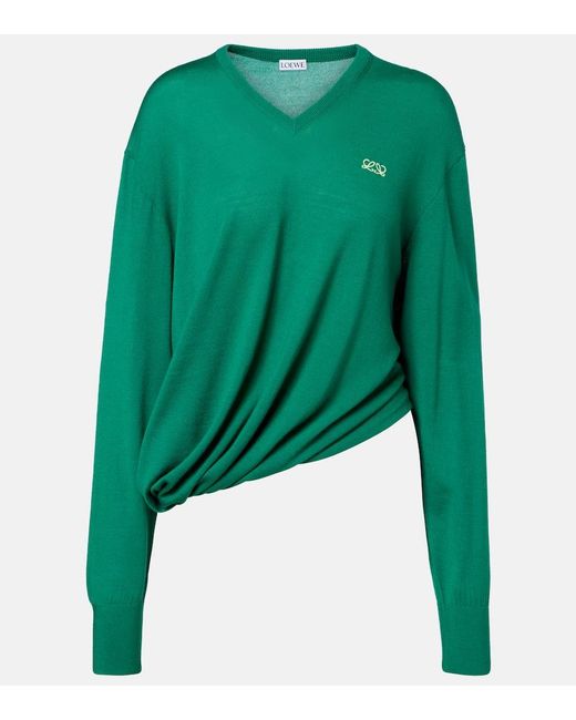 Loewe Green Double L Asymmetric Wool Sweater