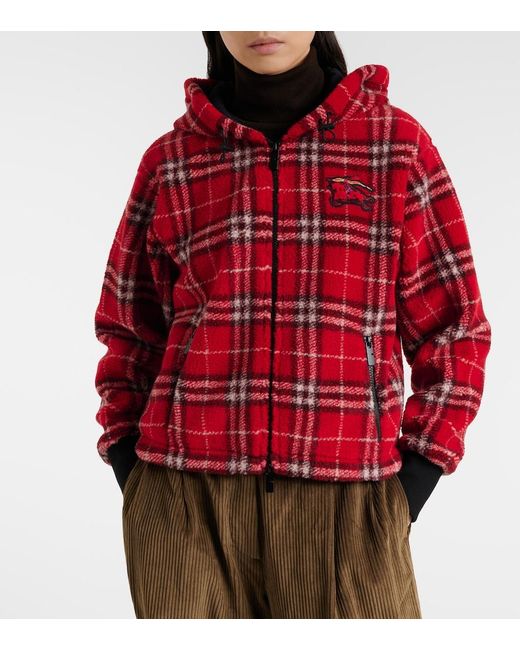 Burberry Red Cropped Check Fleece Hooded Jacket