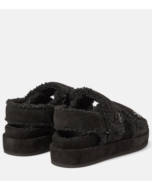 Tory Burch Black Kira Faux Fur-trimmed Suede Sandals