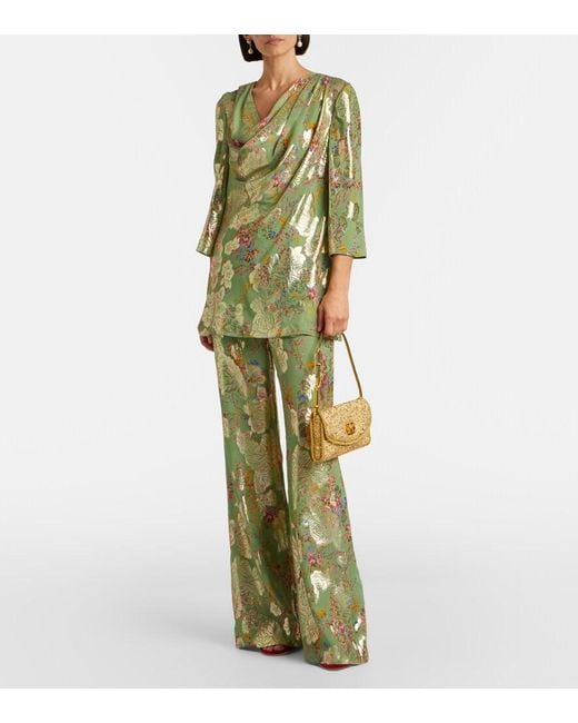 Valentino Green Draped Fil Coupe Silk-Blend Lame Blouse