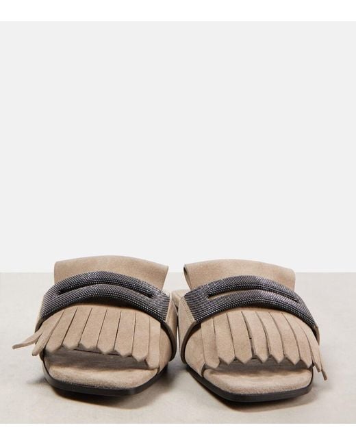 Brunello Cucinelli Natural Fringed Suede Slippers