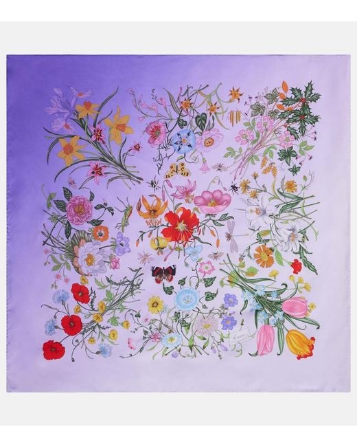 Gucci Purple Printed Flora Silk Twill Carré, Silk