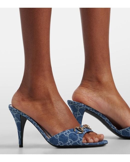 Gucci Blue Horsebit Gg Denim Mules