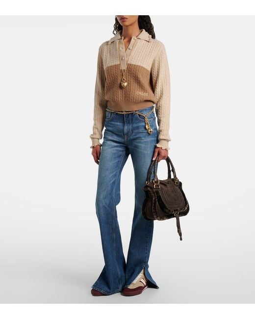 Chloé Black Marcie Small Shearling-Trimmed Suede Tote Bag