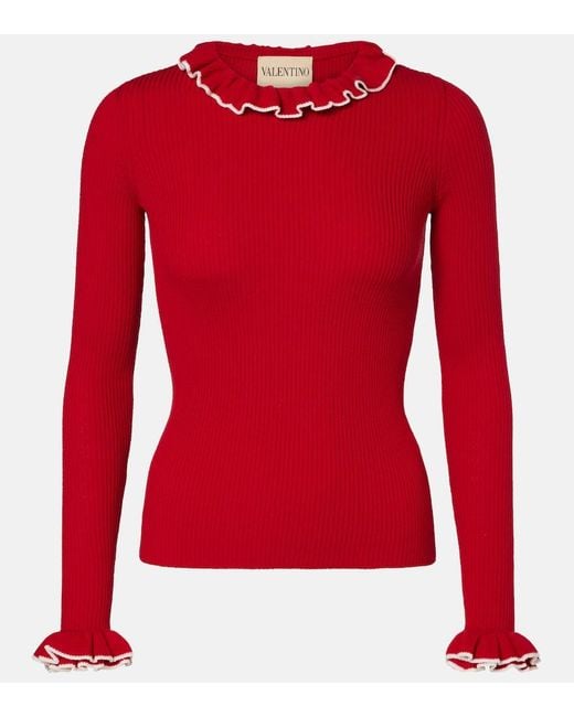 Valentino Red Ruffled Virgin Wool Sweater