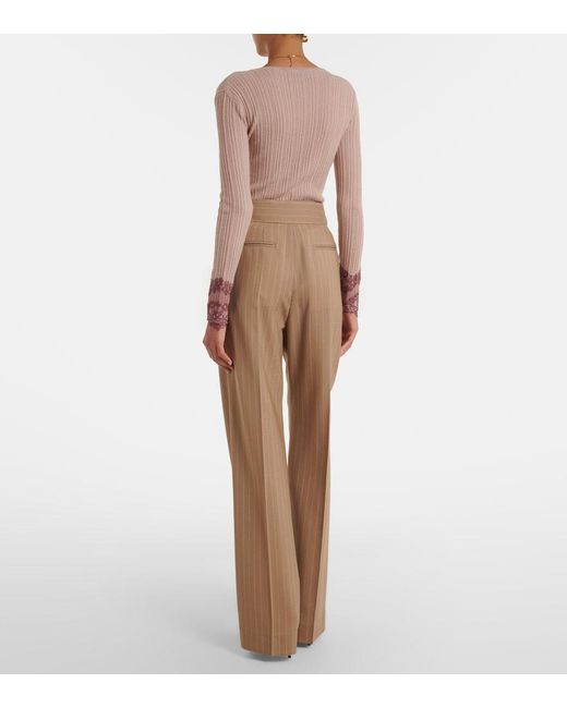 Valentino Natural Pinstripe Pleated Wool Wide-Leg Pants