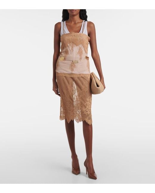 Falda Midi De Encaje Con Ribete De Piel JACQUES WEI de color Brown