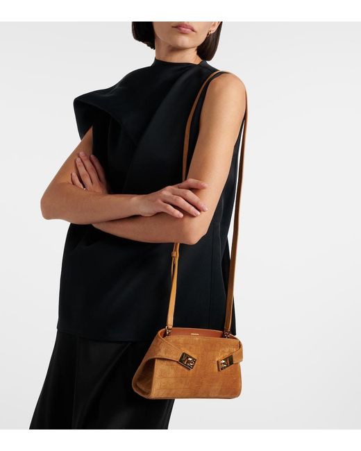Ferragamo Brown Hug Mini Croc-Effect Suede Clutch