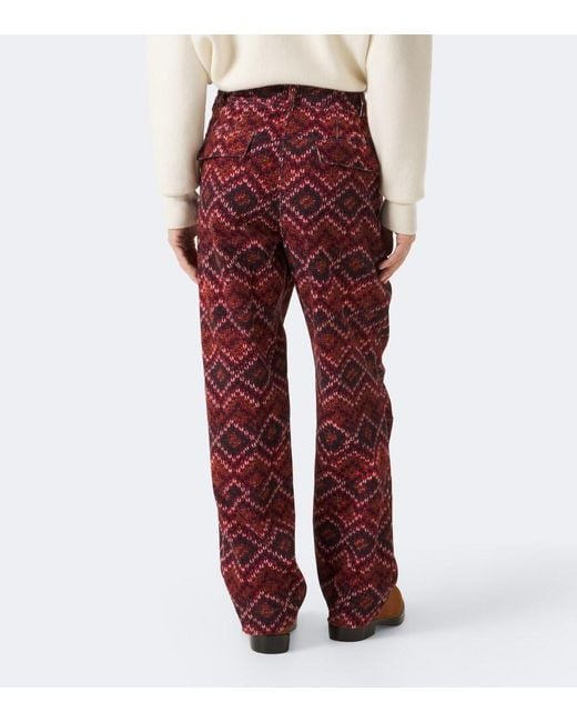 Dries Van Noten Red Printed Cotton Corduroy Straight Pants for men