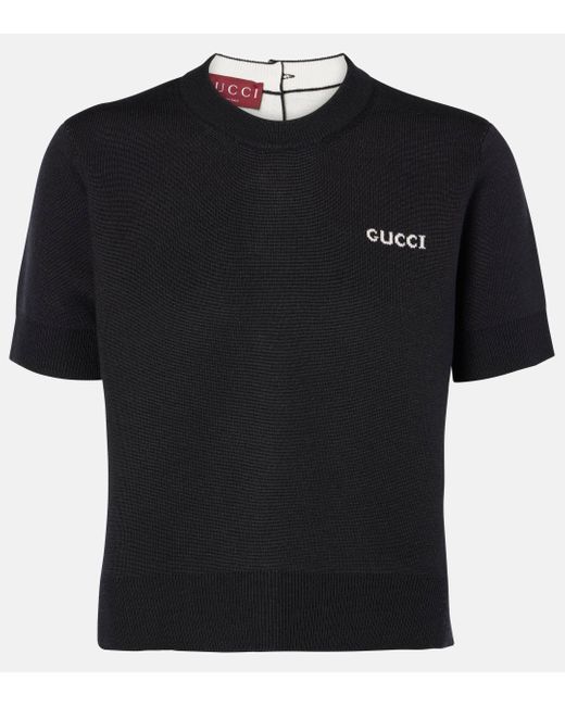 Gucci Black Logo Cotton, Wool, And Silk-blend T-shirt