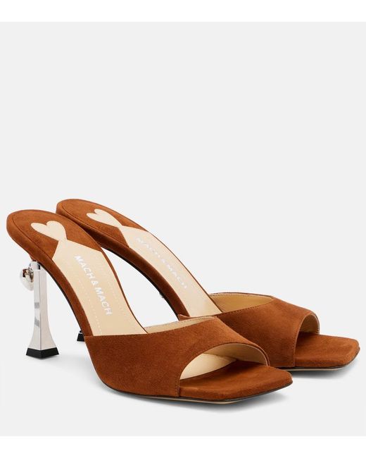 Mach & Mach Brown Puffy Heart Ring 95 Suede Mules
