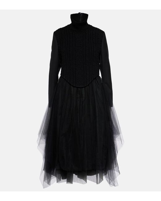 Vestido midi de mezcla de lana y tul Noir Kei Ninomiya de color Black