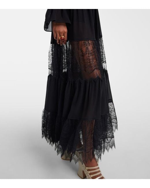 Chloé Black Lace-Trimmed Tiered Silk Maxi Skirt