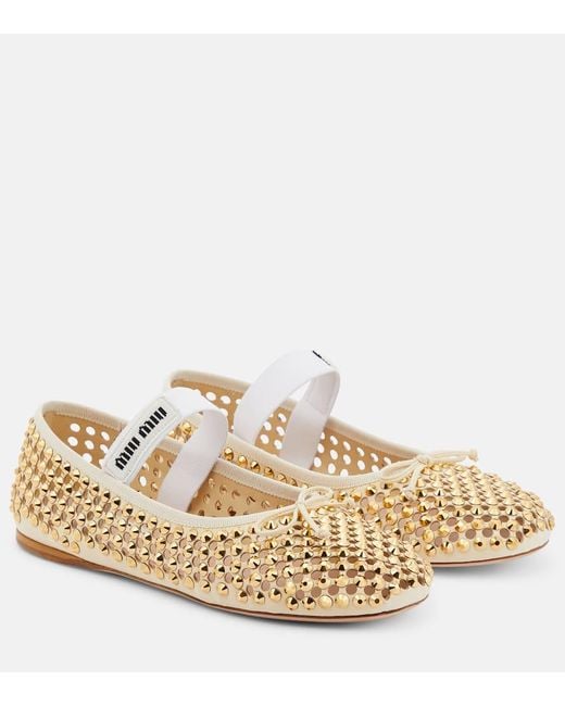 Miu Miu Natural Crystal-Embellished Leather Ballet Flats