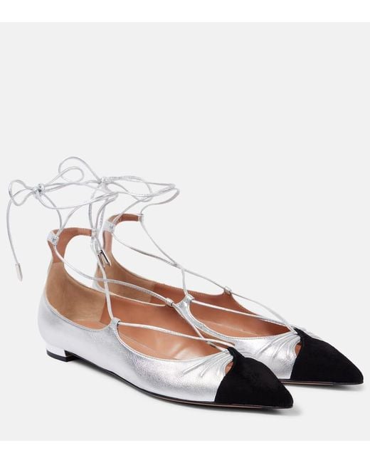 Aquazzura Gabi Suede-Trimmed Metallic Leather Flats