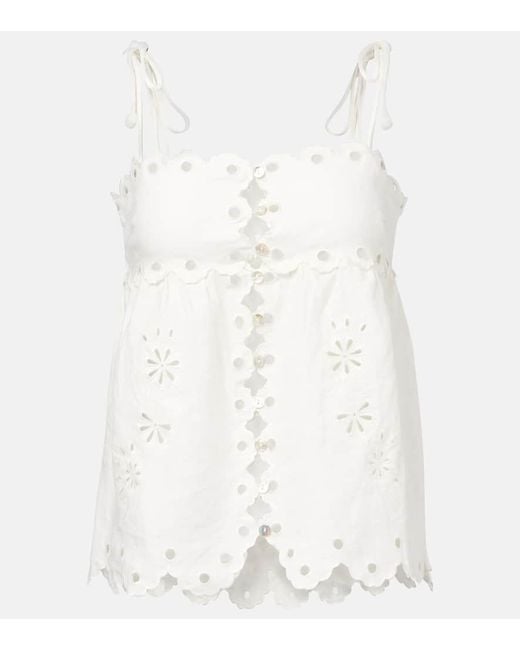 Farm Rio White Embroidered Cutout Linen Top