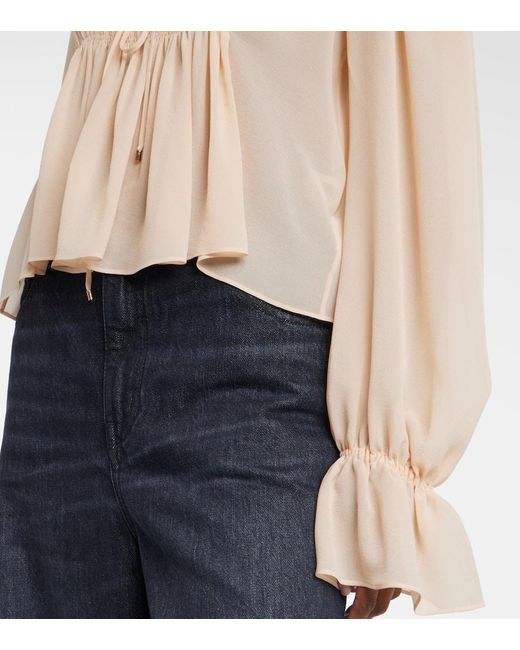 Chloé Natural Shirred Cropped Lace-Trimmed Silk Blouse