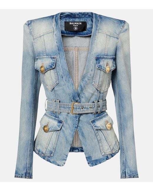 Chaqueta De Denim Con Cinturon Balmain de color Blue