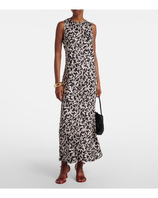 Asceno White Valencia Printed Silk Twill Maxi Dress