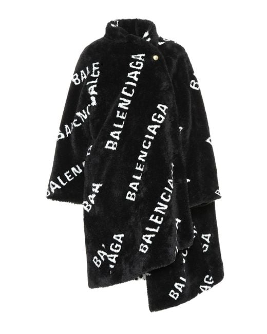 Balenciaga Logo Faux Fur Coat in Black | Lyst