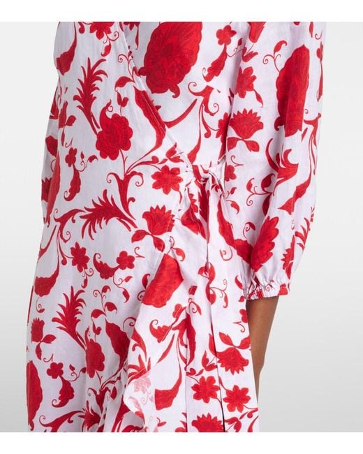 Heidi Klein Red Evia Floral Ruffled Linen Wrap Dress