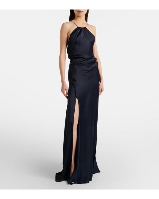 Victoria Beckham Blue Chain-Detail Draped Crepe Satin Gown