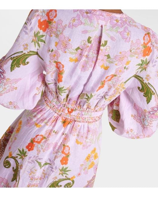 Vestido largo de lino floral adornado Camilla de color Pink