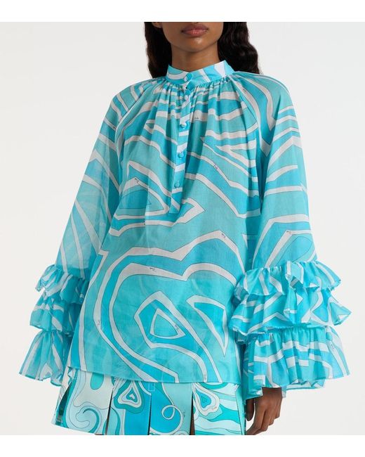 Emilio Pucci Blue Marmo Ruffled Cotton Blouse
