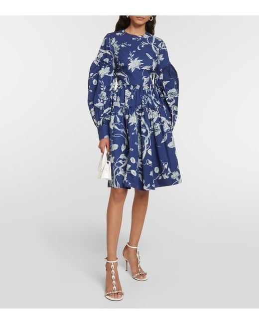 Mini-robe En Popeline De Coton À Imprimé Fleuri Et À Fronces Erdem en coloris Blue