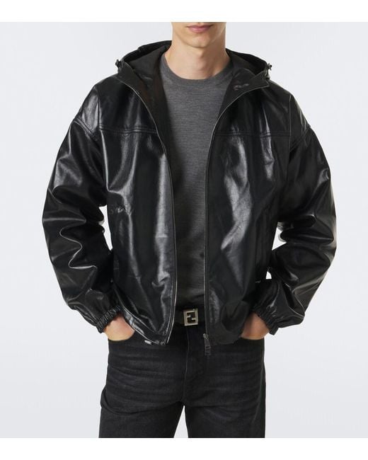 Fendi Black Leather Bomber Jacket for men