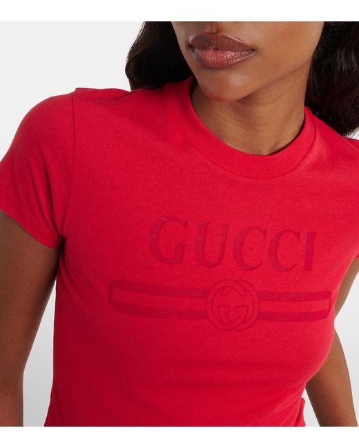Gucci Red Logo Cropped Cotton-Blend Jersey T-Shirt