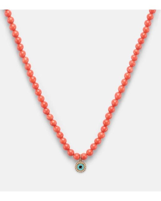 Sydney Evan Red Evil Eye 14kt Gold And Coral Beaded Necklace With Diamonds