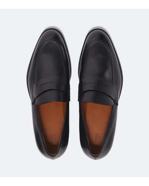 Zegna Black Leather Penny Loafers for men