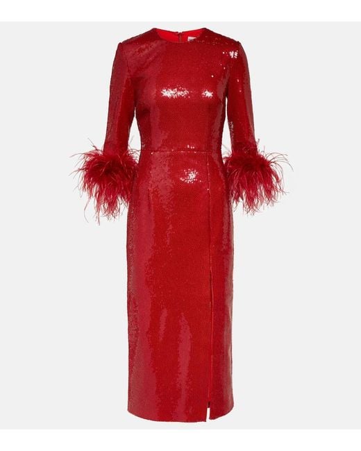 Rebecca Vallance Red Nika Feather-Trimmed Sequined Midi Dress