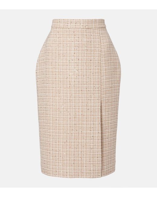 Elie Saab Natural Checked Sequined Tweed Midi Skirt