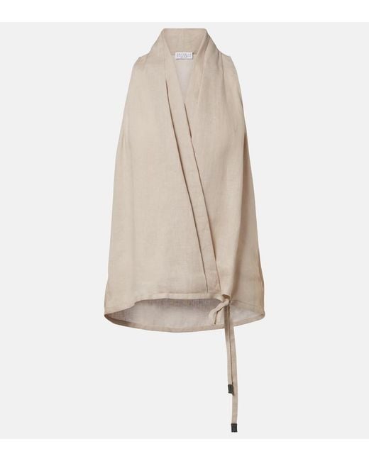 Brunello Cucinelli Natural Monili Halterneck Linen Wrap Top