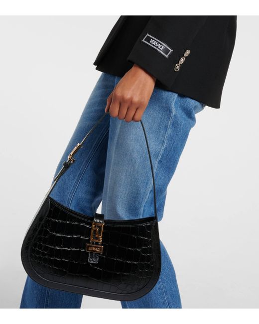 Versace Black Greca Goddess Croc-effect Leather Shoulder Bag