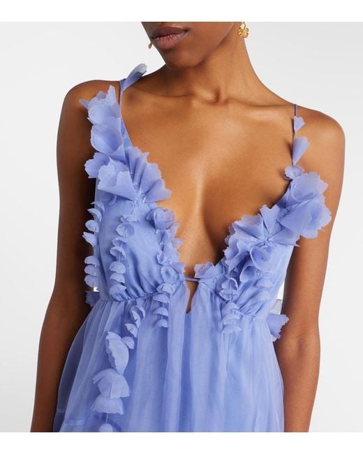 Zimmermann Blue Como Asymmetric Floral-Applique Silk Minidress