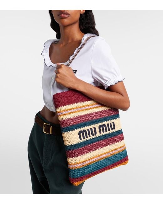 Miu Miu Red Woven Raffia-Effect Shopper