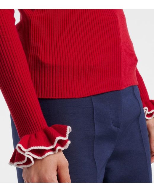 Valentino Red Ruffled Virgin Wool Sweater