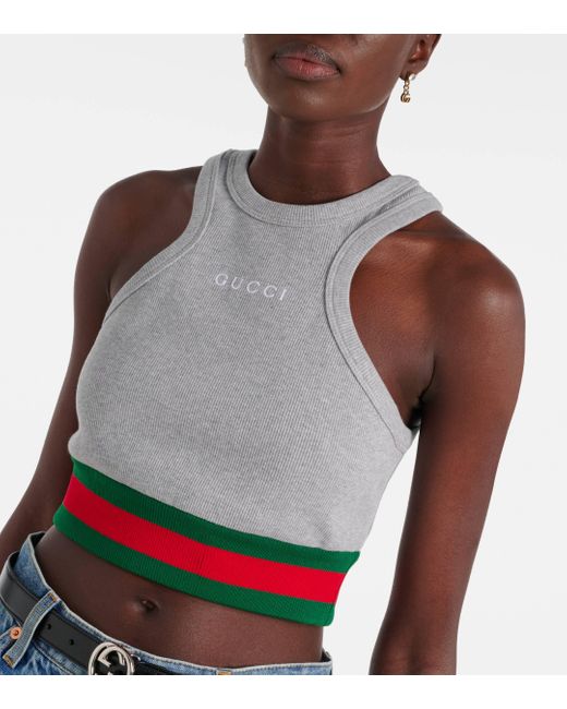 Top raccourci en coton melange a logo Gucci en coloris Gray