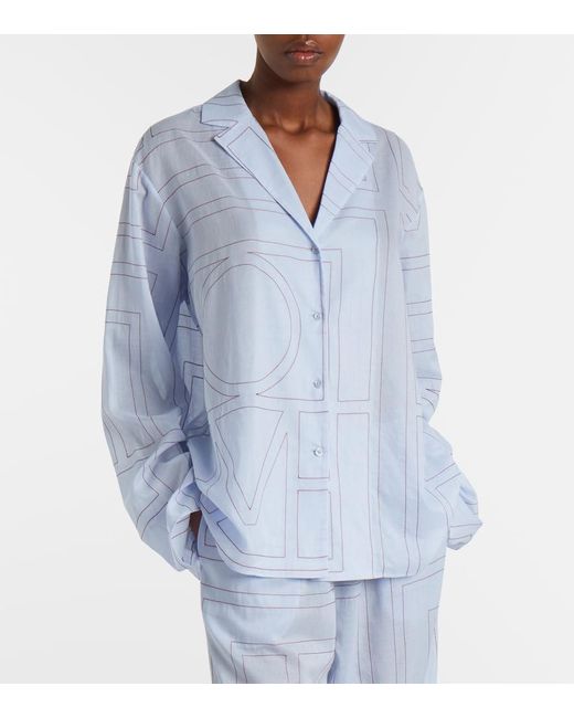 Totême Blue Embroidered Cotton-Blend Poplin Pajama Shirt