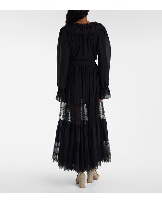 Chloé Black Lace-Trimmed Tiered Silk Maxi Skirt